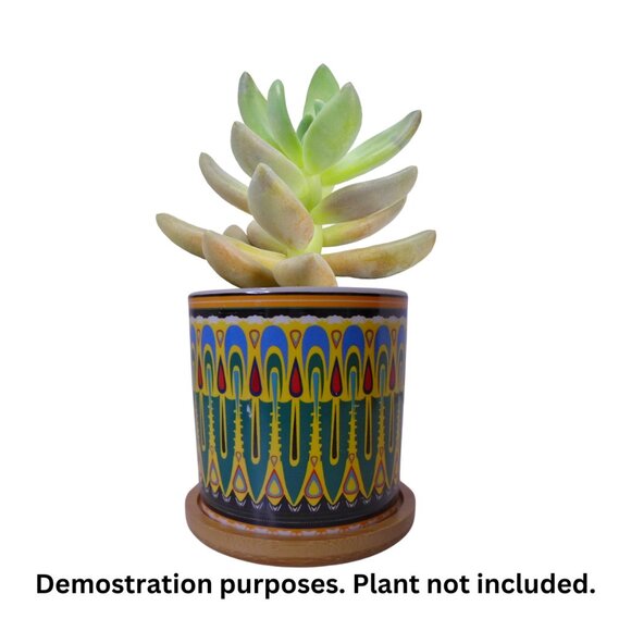 Succulent Pots 3 in Mandala Boho Multicolor Ceramic with Bamboo Trays 2 Pcs Set - Picture 2 of 7